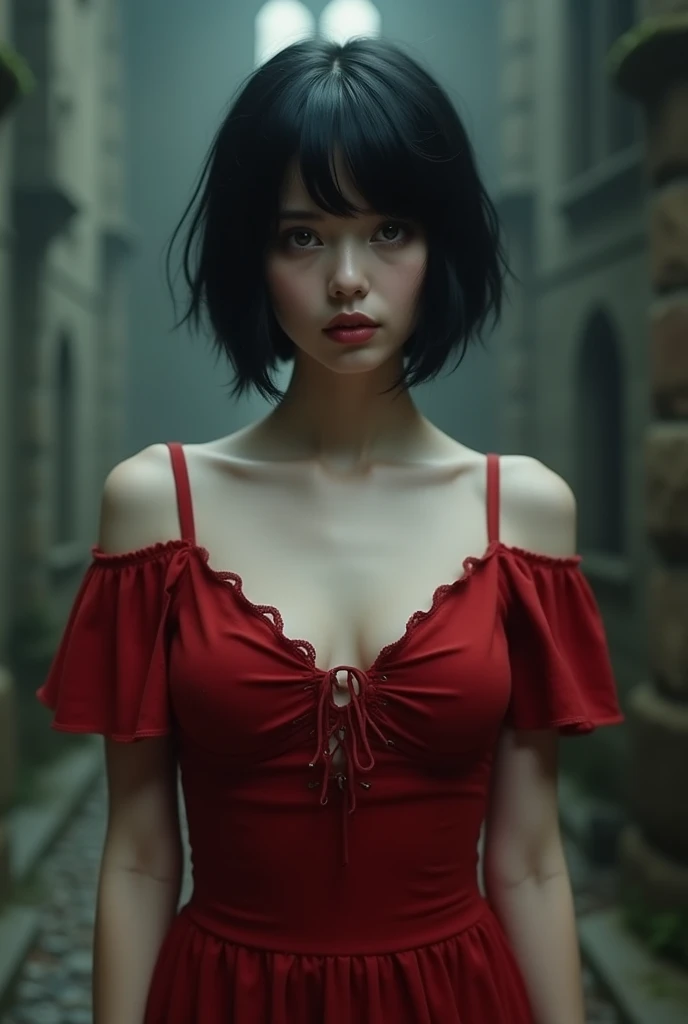 (Masterpiece, Highest quality, Highest picture quality, high resolution) 16K Photorealistic Quality Digitally painted mode A beautiful young woman with a Gothic fantasy theme, fragile and , with short black hair, light brown eyes full of innocence, wearing a simple red dress without dark colors or magic patterns. (Unbutton and open chest, Big boobs, hot and sexy.) Holding nothing in hand, blurred background to create a 3D effect. Atmosphere. Standing in a haunted castle where she appears lost and scared. Glowing skin. Stoic and protective expression. Whole body. Lively pose. Life-size. Perfect anatomy. Detailed skin textures. Full HD 16K HDR resolution. Perfect anatomy. Depth of field.