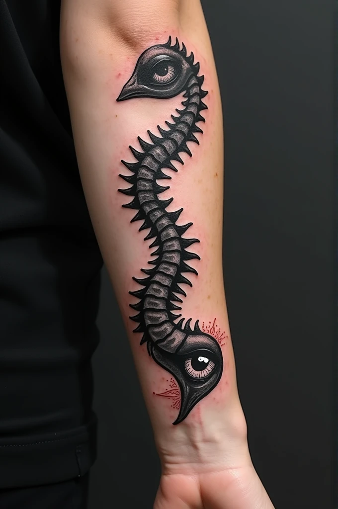 Design a tattoo that combines spine and eyes, with blackout and that is for the hand