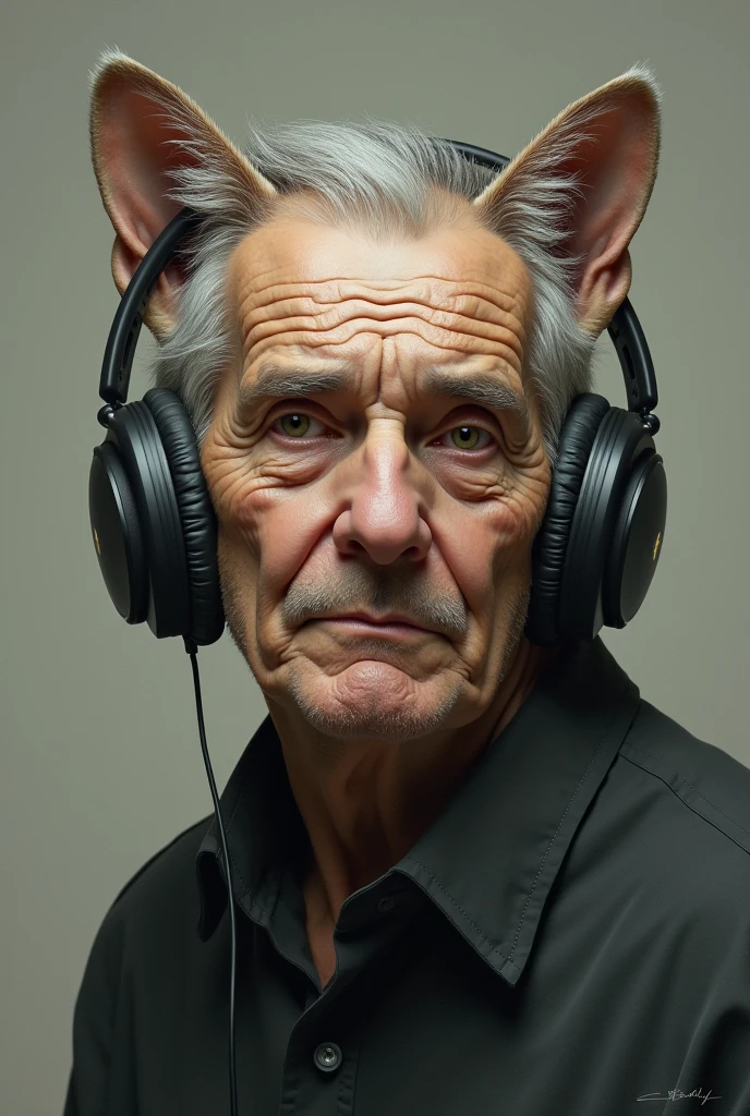 An old man with short grey hair, but his head is replaced with a cats head, his face is still normal and hes wearing headphones