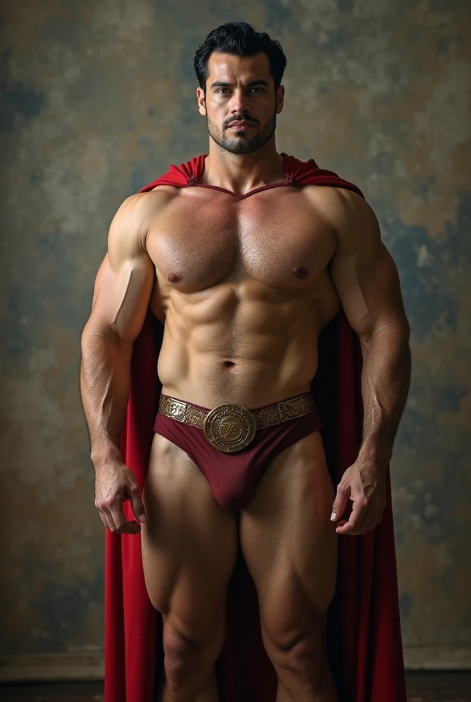 Caim e Abel 1 man full body fully shaven black hair blue eyes huge muscular 13 big thick penis large testicles greeting the viewer superman costume age 45 morning