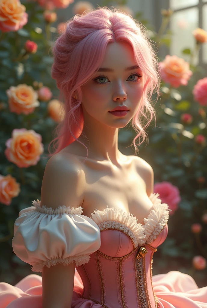 Il s&#39;agit d&#39;une œuvre d&#39;art fantastique et réaliste située dans la roseraie enchantée du château.. Generate a proud woman with a très détaillé face dressed in the billowing folds of a stunning French silk ballgown. Le doux visage de la femme est ((((très détaillé, avec des caractéristiques réalistes et douces, Lèvres gonflées.))))  La robe de bal est agrémentée de volants, ceintures, et des arcs et un délicatement, but complexely, Corsage brodé à la main. Le corset comporte un ruban de soie. The woman's stunning eyes are beautifully blue cheveux pink detailed, avec des ombres réalistes, des couleurs multiples et une haute résolution. La femme est dans un jardin de roses éternelles, each one beautifully formed and très détaillé. Ces roses réalistes présentent des nuances de rose chatoyantes, jaune, orange, et rouge scintillant. La rose éternelle est une nuance de rouge profond avec des nuances et des nuances roses chatoyantes.. Assurez-vous que le visage de la femme, cheveux, et les yeux sont parfaits. le réalisme, haute fantaisie, fantaisie fantaisiste, livre de contes fantastique, fantaisie de conte de fées, détails fantastiques, enchanteur, Enchantant, 8k, embauche, cgi, peinture numérique, Unité, Moteur irréel, (((chef-d&#39;œuvre))), complexe, élégant, très détaillé, majestueux, la photographie numérique, art par artgerm et ruan jia et greg rutkowski, (chef-d&#39;œuvre, de beaux yeux finement détaillés: 1.2), HDR, texture de peau réaliste, (((1femme))), (((seulement))), Include a très détaillé face, visage extrêmement détaillé, et un contexte intéressant.