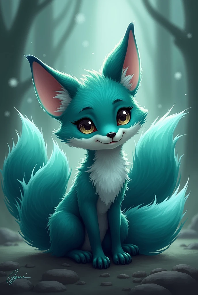 Cute Fox in dark blue mixed green with 9 tails in form of fog sticker for t shirts 
