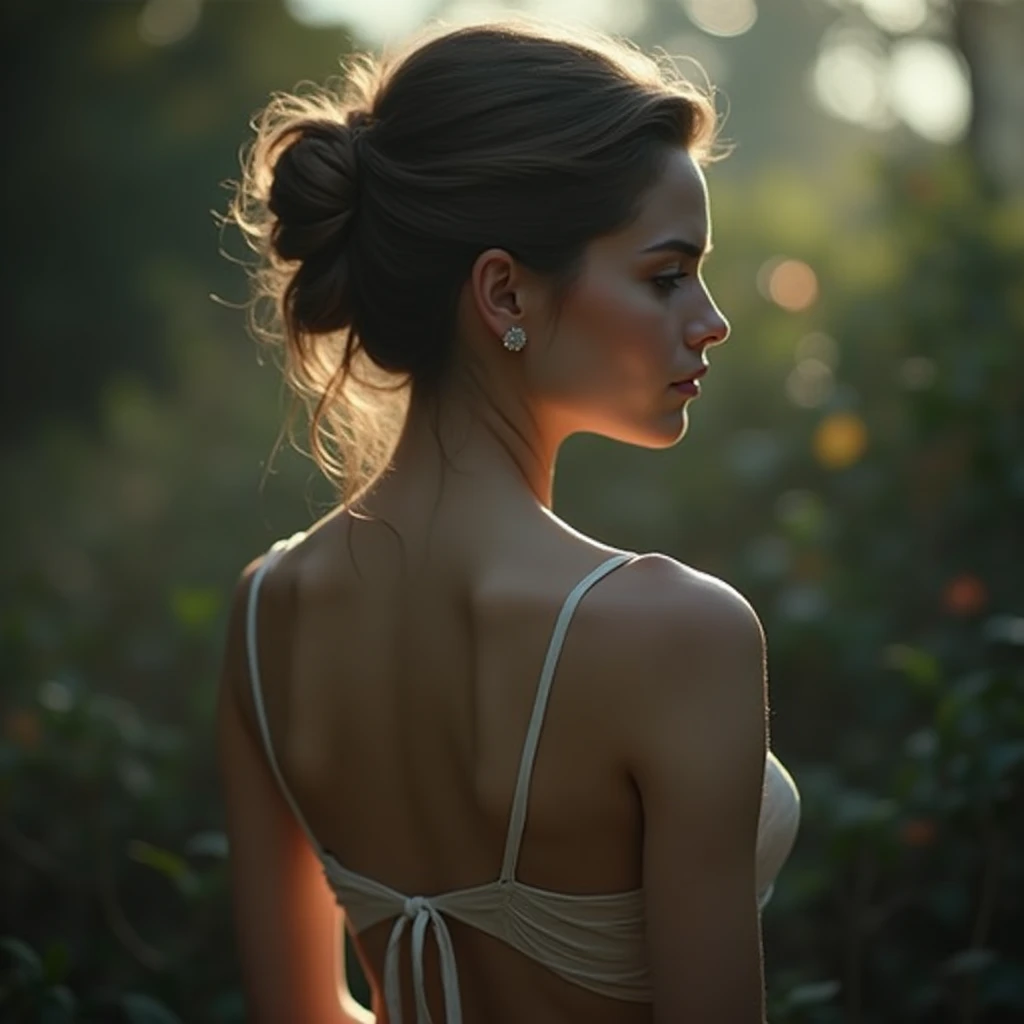 a beautiful woman, intricate detailed anatomy, elegant pose, sensual curves, smooth skin, natural lighting, cinematic composition, romantic atmosphere, glowing skin, delicate details, dreamlike quality, soft focus, muted colors, chiaroscuro lighting, cowboy shot, atmospheric perspective, chiaroscuro, UHD, masterpiece, accurate, anatomically correct, textured skin, super detail, high details, high quality, award winning, best quality, highres, 16k