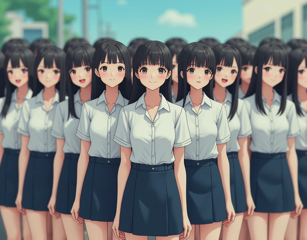 (Japanese Clone-girls=Myself), (Super Best masterpiece Clone-girls Raw Photography Art), (16K, Highest quality, Ultra-high resolution, RAW Photos), (It&#39;s so unrealistic., With unparalleled depiction, With an unfathomable sight, An unprecedented and shocking worldview, Clone-girls: In a world of mass reproduction, Ultra-realistic), (Japanese Girls, Suzuki-Rio, 16yo, Small face, Thick black hair, long hair, Dark Eyes, Mature face, Cute Smile, Smiling face, A gentle gaze, Very pleasant look), (Very beautiful detailed girls, Accurate body structure, Accurate body movements, Very detailed body, (Super big breasts, Large bulge of ample breasts)), ((Schoolgirl uniform, Short sleeve, mini skirt, Emphasise the fullness of your breasts)), (Very detailed, Myself cloning, Depiction of splitting oneself, 1Myself girl→1,000,000,000,000,000,000,000,000,000,000Myself cloning girls), (Myself clone girlsは, With the same perfect appearance, to multiply in large numbers), (Very detailed depiction, Myself&#39;s multiplying female body, In the same female body,With the same face, With the same hairstyle, In the same clothes, At the same height, 同じSuper big breastsで, A completely indistinguishable female body, 1,000,000,000,000,000,000,000,000,000,000 people), (Myself girls only), (Academy, academic level, Commemorative photo depiction, Tiered stage photography, Happy smile, Front view)