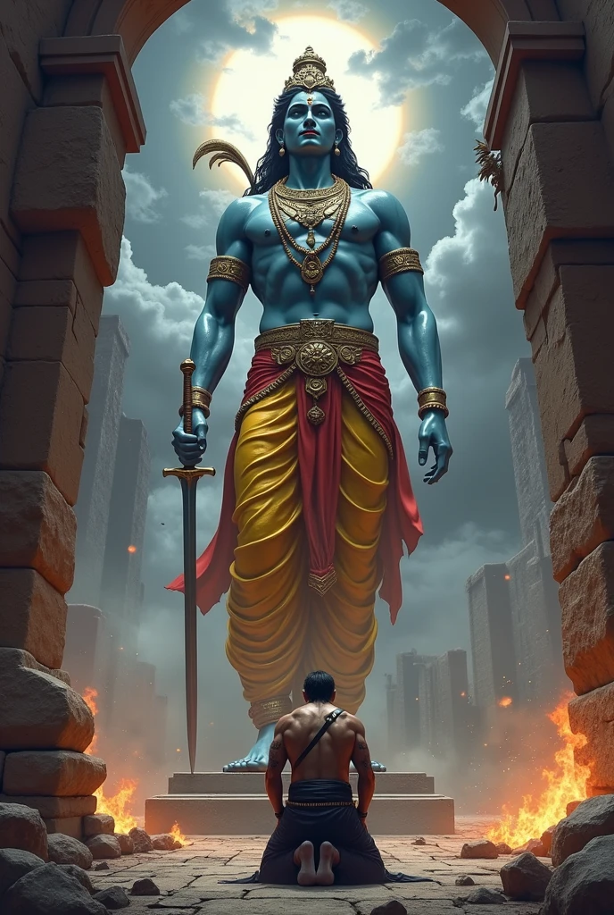 A warrior bowing down to a huge idol of Krishna god , the best warrior from losing battles  should be the best with blood and sword and hardships.
Fire and the world destroying in the background .the warrior should have wounds all over his body with a sword in his hand and in black clothes 