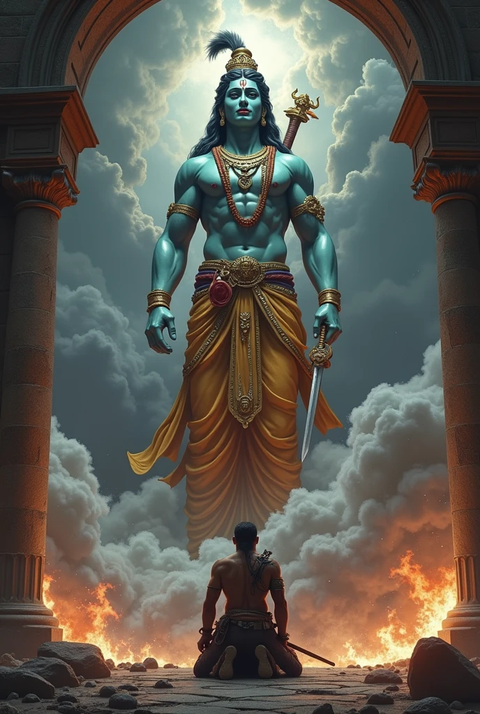 A warrior bowing down to a huge idol of Krishna god , the best warrior from losing battles should be the best with blood and sword and hardships.
Fire and the world destroying in the background .the warrior should have wounds all over his body with a sword in his hand and in black clothes