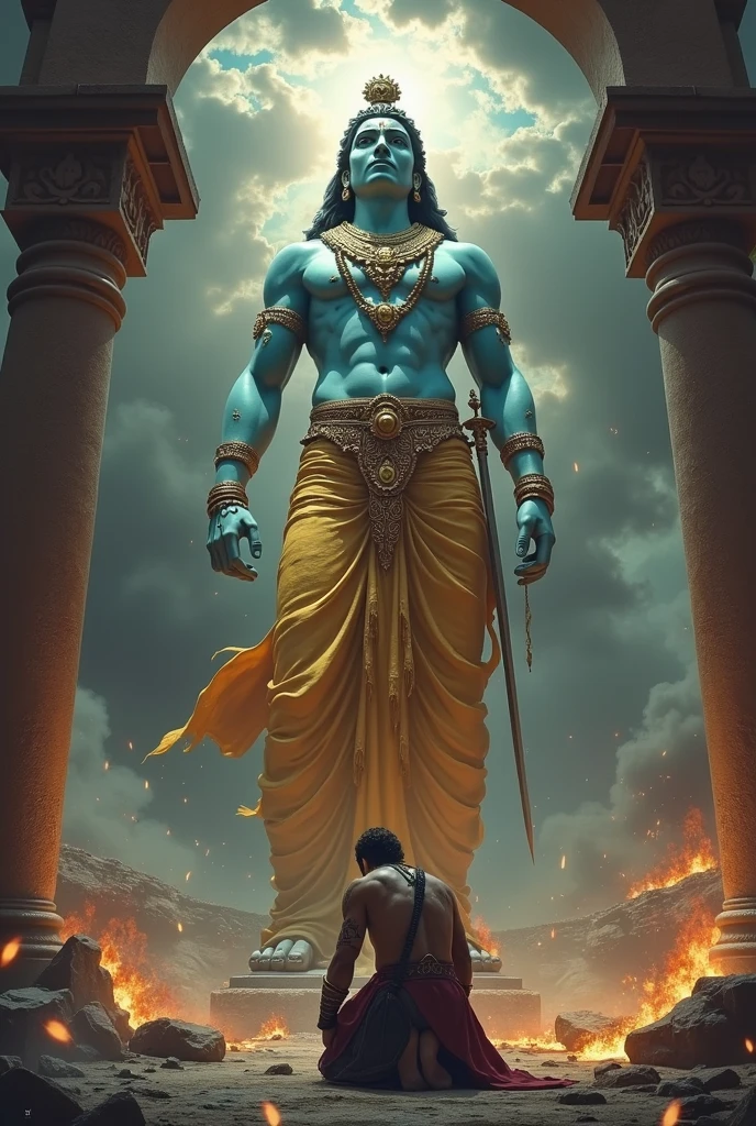 A warrior bowing down to a huge idol of Krishna god , the best warrior from losing battles  should be the best with blood and sword and hardships.
Fire and the world destroying in the background .the warrior should have wounds all over his body with a sword in his hand and in black clothes 