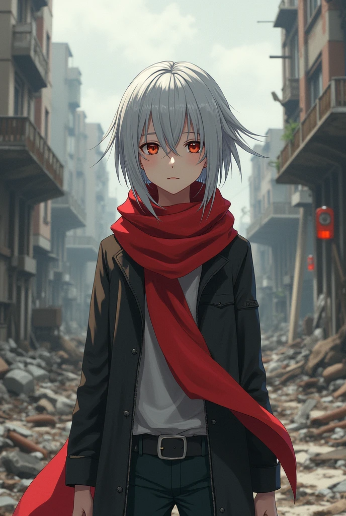 Silver-hair Anime boy with a red scarf in a post-apocaliptic world