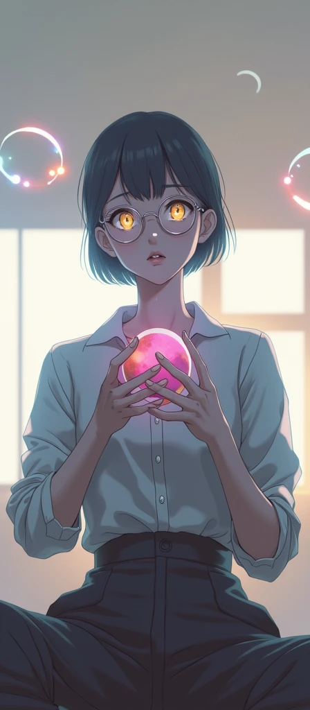 ((1girl)), anime, short dark hair, dark skin, shiny glasses lenses, mouth closed and expressionless, sitting, with her hands holding a glowing orb while two other glowing spheres orbit around her.
