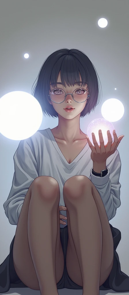 ((1girl)), anime, short dark hair, dark skin, shiny glasses lenses, mouth closed and expressionless, sitting, with her hands holding a glowing orb while two other glowing spheres orbit around her.