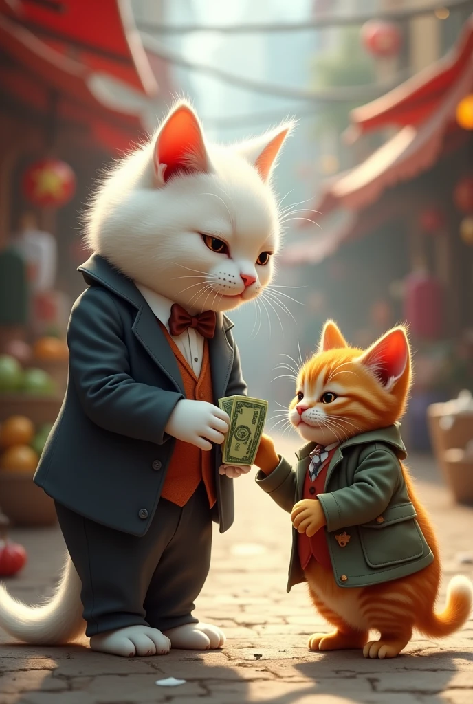 A white cat wearing beautiful suit is standings in the market and giving the money in poor cats hand.
