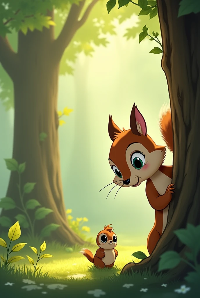 Image: Sammy the squirrel looking concerned, peeking at the small bird with a hurt wing.
Description: Show Sammy’s compassionate reaction upon finding Bella the bird.