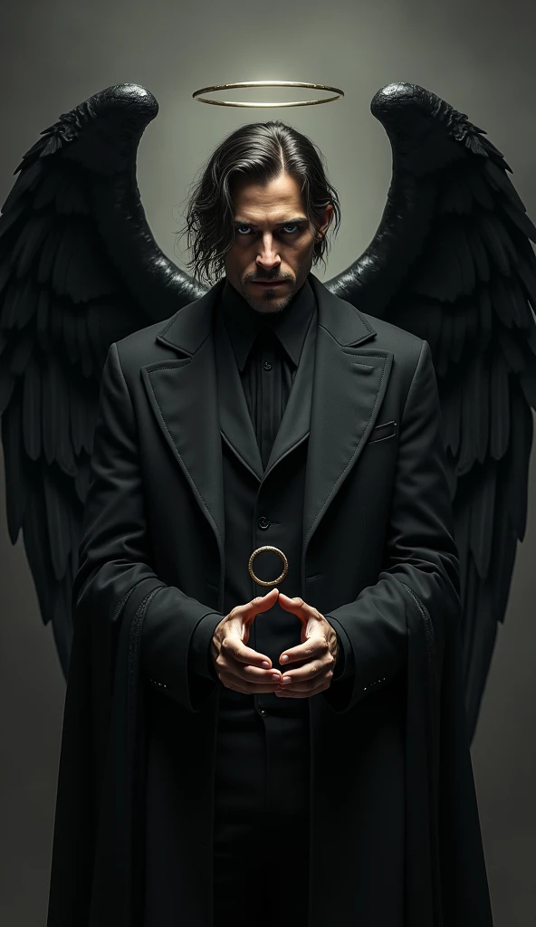 arafed man in black with wings and a ring in his hands, the angel of death with a halo, the angel of death, angel of death, portrait of the death angel, portrait of the angel of death, dark angel, beautiful male god of death, angel with black wings, angel, black wings instead of arms, human need death angel, satanic wings