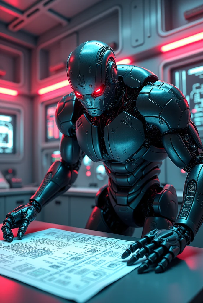 Male robot with big muscles evil futuristic engineer with bright colors and reading electrical blueprints