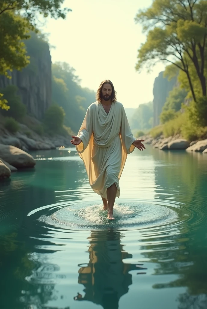 Jesus walking on river side