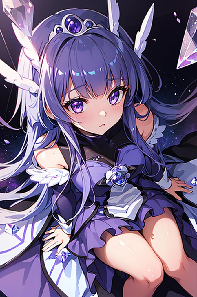 (16K,Ultra-high resolution,Highest quality,masterpiece,Super detailed,Very vivid CG),Cure Beauty Falls into Darkness,Overall dark outfit,Purple glowing eyes,Anatomically correct body,Perfect Shadow,Highly detailed facial features, Beautiful and perfect face, Perfect Eyes,,angle from below,Photographed from the front,Perfect lighting,In the dark,Looking down on the audience,Eyes without highlights,Purple icicles,Blood splatter,Standing on a geometric cube suspended in the air,Black and purple outfit