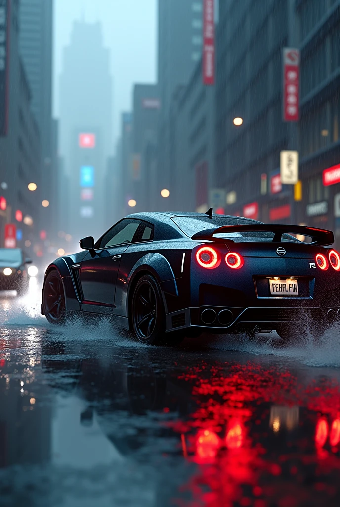 Create a picture of nissan skyline gtr in rain
