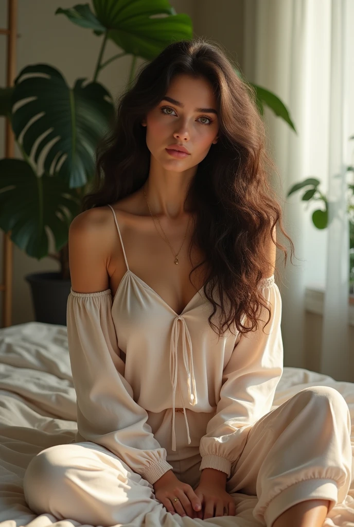 (photorealism:1.2), beautiful woman, sitting on bed, wearing loose off-shoulder top, pajama pants, long curly hair, indoors, soft lighting, plants in background,