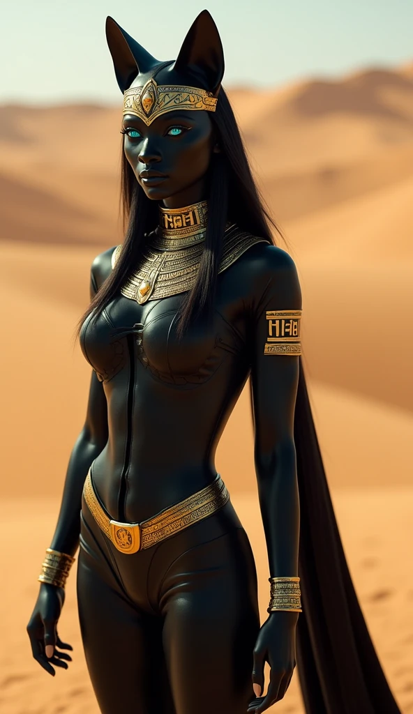 Bastet in a black outfit, sitting in the desert, with golden accents and a golden mask. The figure has blue eyes and an Egyptian-style appearance. This is a cinematic shot, captured with an ARRI camera and a Canon EOS L lens, using an f/8 aperture and ISO 100.