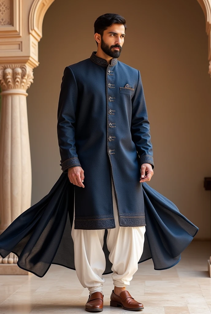 A Punjabi patiyala with white shalwar in navy blue for men 