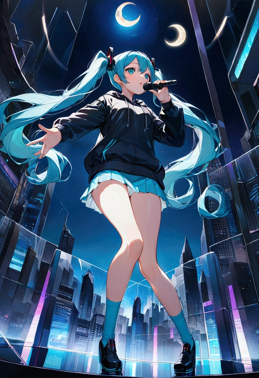 (Hatsune Miku,Light blue hair,Twin tails,No sleeve,tie,mini skirt,socks,Black hoodie),((Blue is the predominant color,Angle from below,Stars in the night sky,Crescent Moon)),(Shining futuristic city at night,Night view,Cyber World),(Dynamic pose,Standing on a glass stage,Cool look,singing,Holding a microphone)