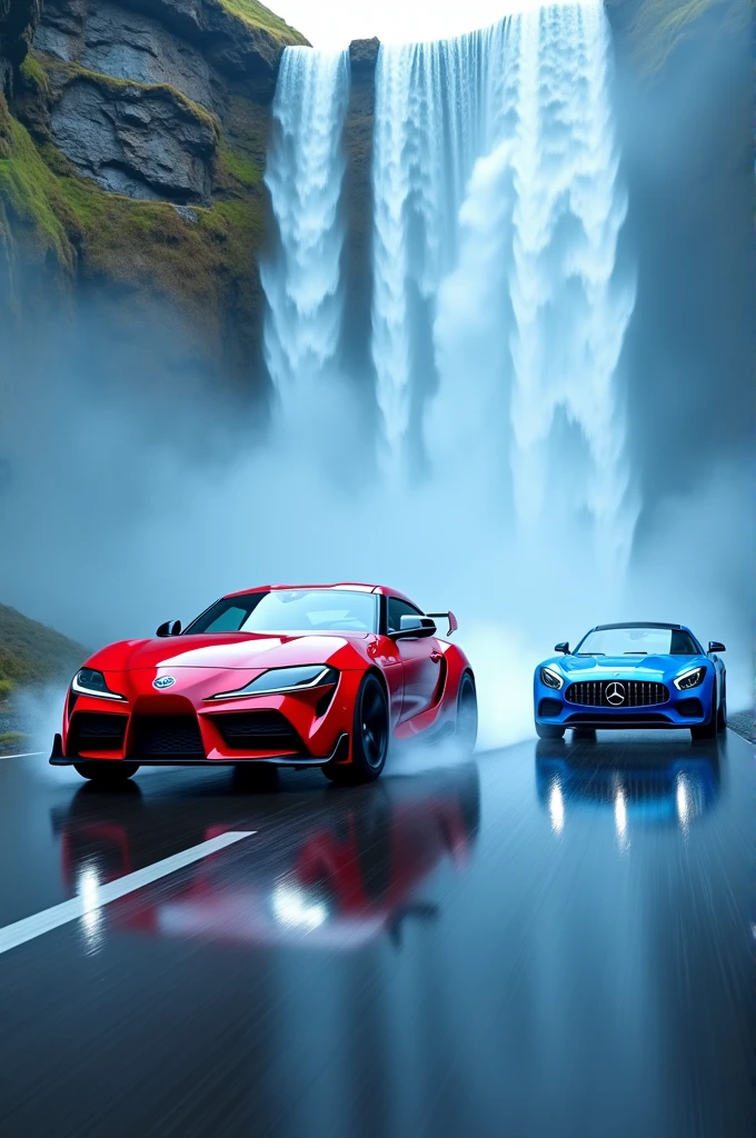 A red supra car raceing with blue Mercedes in blue waterfall 