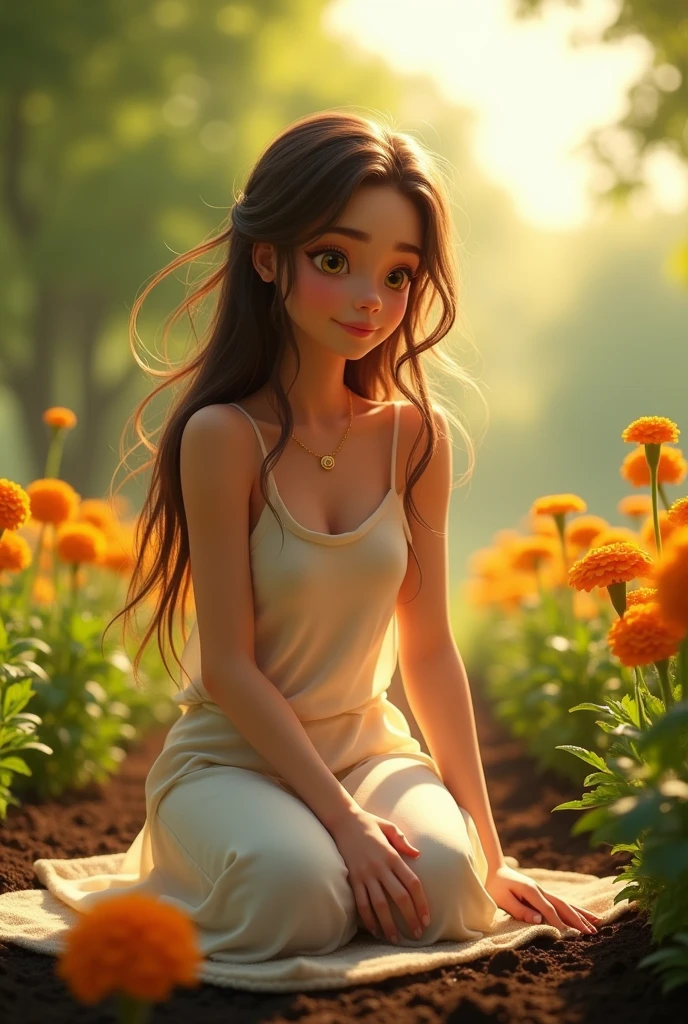 The character kneels on a soft garden mat, carefully digging small holes in the rich, dark soil. They gently place vibrant marigold seedlings into each hole, patting the soil around the base to secure them. The sun casts a warm glow, highlighting the character's content expression as they envision the garden in full bloom. The character has long, straight, messy, browns hair, bright yellow eyes, snow-white skin, a perfect and delicate face, she is very beautiful and is 2, make the image in the Pixar style Disney, in 9:16 format.