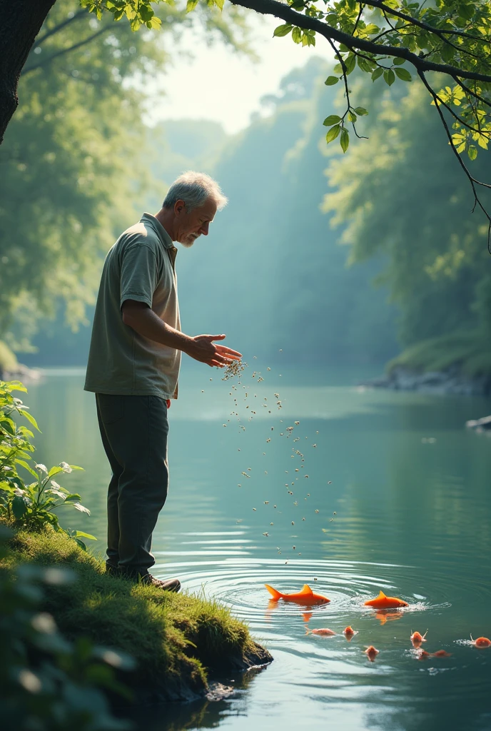 make a image a men feed the fish