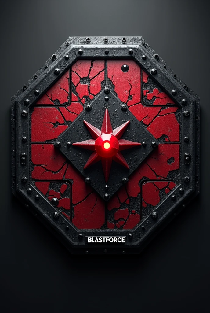 Create a hexagonal shaped shield,dark colors like black and red to represent power and destruction. Add metallic gray accents for a touch of aggression and sophistication,central emblem which may be a stylized explosion, a sphere of energy,cracks around the central symbol to represent destruction,Include the name “BlastForce” in a bold, imposing font. Use a contrasting color, like white
