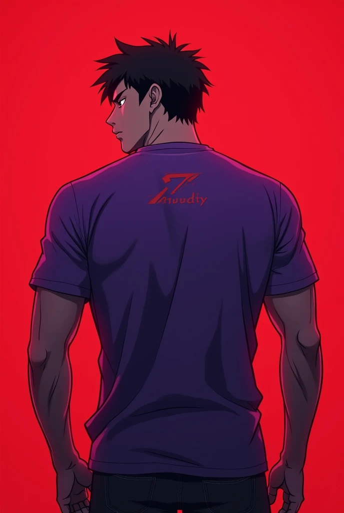 A man showing her back with red background and violet colour t-shirt with the logo of suuody with hidden angry smile face anime