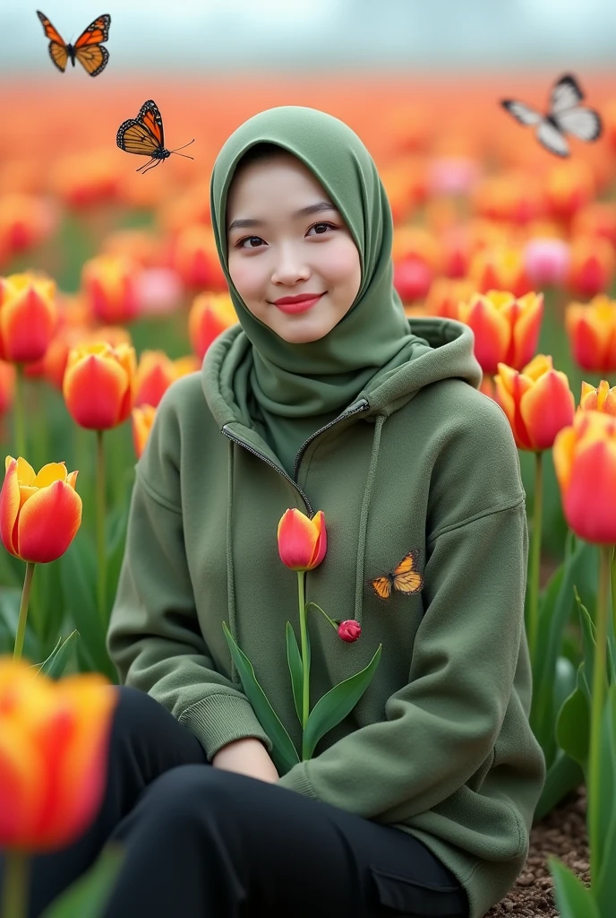 A beautiful Korean girl with smooth white skin, a well-groomed face, a faint smile, a moss green knit hoodie decorated with tulip motifs, a moss green hijab, black cargo pants, holding a bunch of tulips sitting among the colorful blooming tulips that grow beautifully, in the field wide. flowers, in the background. beautiful butterflies flying left and right, original photo, realistic