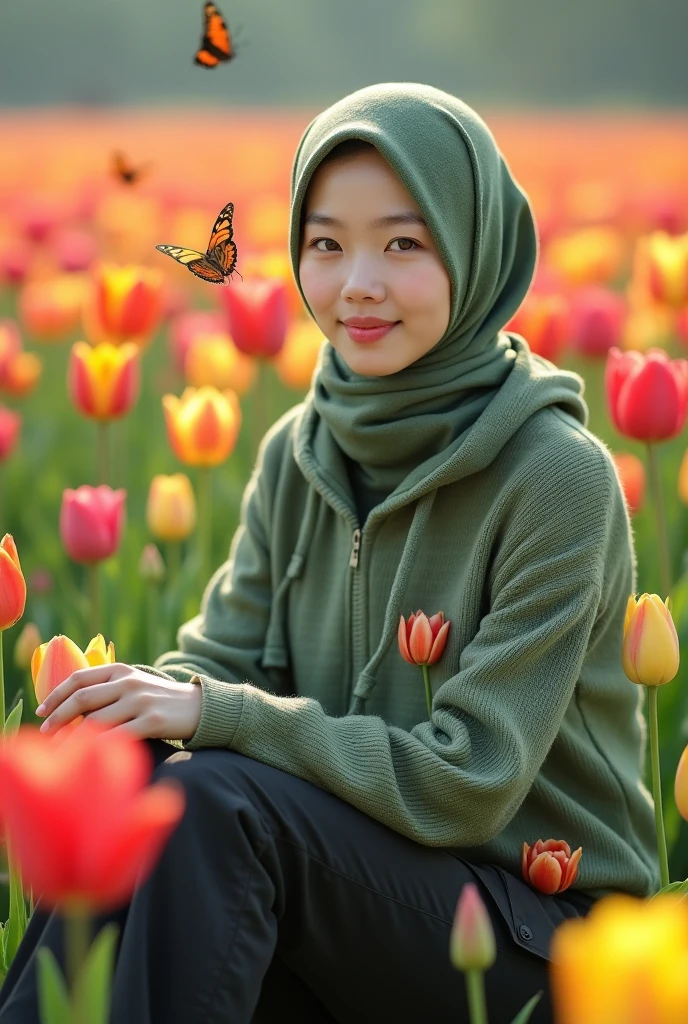 A beautiful Korean girl with smooth white skin, a well-groomed face, a faint smile, a moss green knit hoodie decorated with tulip motifs, a moss green hijab, black cargo pants, holding a bunch of tulips sitting among the colorful blooming tulips that grow beautifully, in the field wide. flowers, in the background. beautiful butterflies flying left and right, original photo, realistic