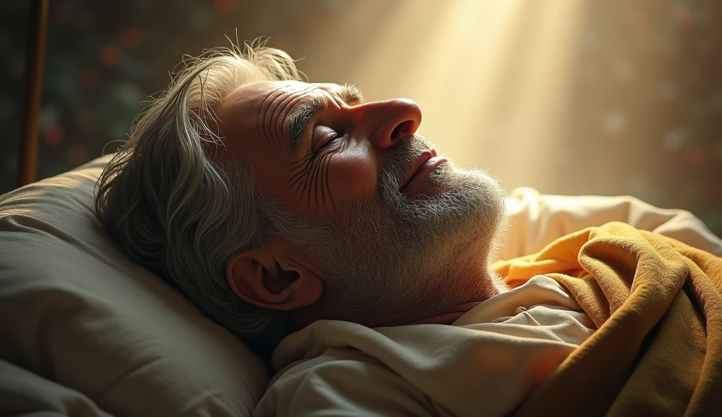 jo from the book of job in the bible dead being waked with a slight smile on his face already very old with a happy countenance