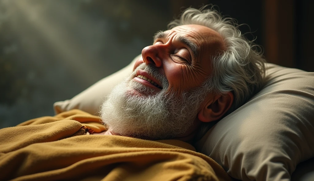 jo from the book of job in the bible dead being waked with a slight smile on his face already very old with a happy countenance