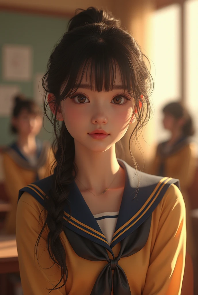 (photorealism:1.2), beautiful bangs cut girl  in a classroom, wearing school uniform in class  , soft lighting, mean girls in background, window with sunlight, cozy classroom, bulling pose, realistic, intricate details, warm colors, by Greg Rutkowski, by Alphonse Mucha  chinese student girl  age 18
Bad girl fighting with the Chinese students  age 19 