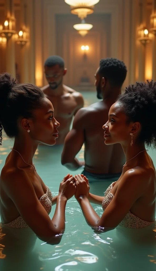 
group of beautiful black women, in a harem with muscular African warriors, discreet smiles, beautiful looks, (surrounded by  large luxurious hall), large indoor hot spring pool, bathing suits, men in partial nudity and some women in total nudity, general shot, long exposure.