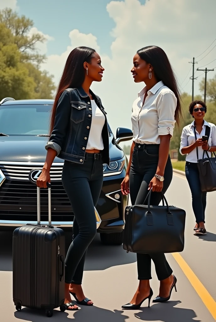Realistic paint. A beautiful African woman with a long straight hair wearing a white shirt and a black jean trouser revealing her hips and a black jean jacket holding a black suitcase and a black handbag standing on near the express road looking for a car a black Lexus rx350 jeep parks in front of her. She is standing in front of the door of the car and hugging another beautiful African woman wearing a white shirt and a black jean trouser while  a bodyguard carries her suitcase to the car
