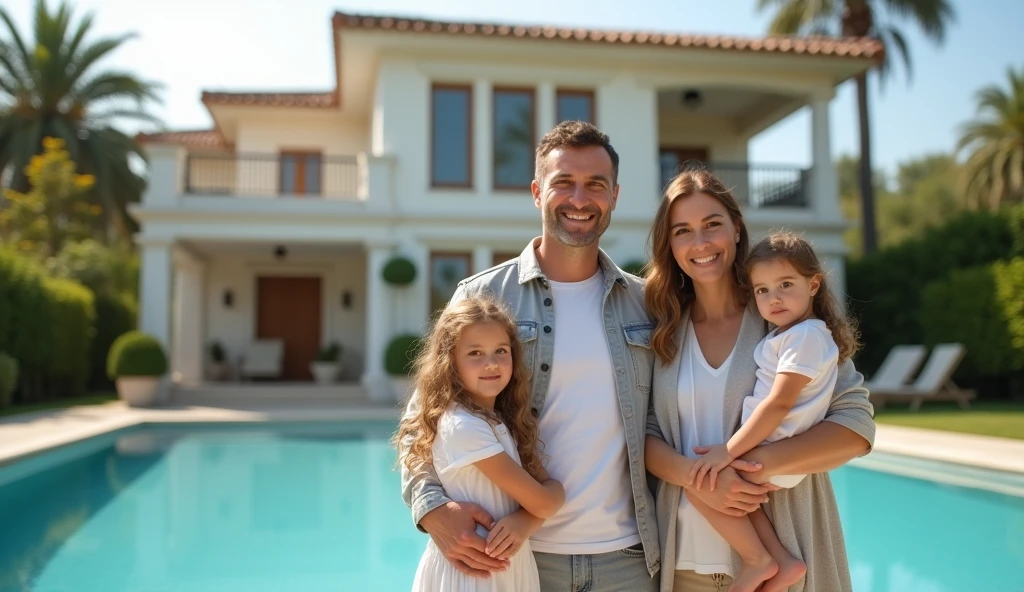 A married couple with two girls, and 1, stand with their backs to the camera next to a luxurious two-story house with a swimming pool in sunny weather, full body