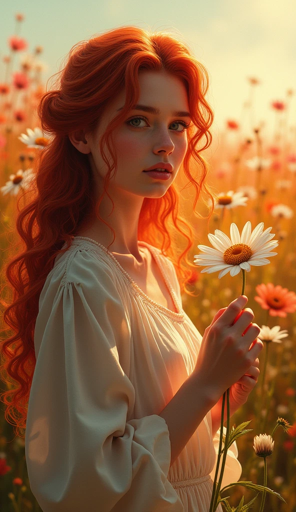 Digital hyperrealistic art, A field with beautiful flowers in the background, a red-haired woman with long curly hair holds a flower in her hand while leaning slightly towards it., Although there is some softness in her face, she maintains a serious gaze. Image with orange tones, detailed