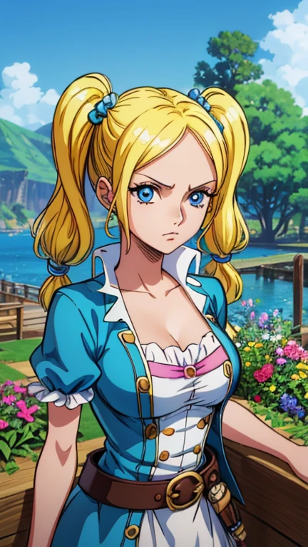 (1girl, (Bubbles:1.0)), (extremely detailed CG unit 8k wallpaper),(master part), (best quality), (ultra detail), (best illustration),(one piece style), cowboy shot, (Sharp eyeliner, ombre, detailed eyes:1), garden, outdoors ,GHIBLI_Background, break , upper body,(yellow-blonde hair, blue eyes, short twintails, pigtails), (pirate:1.1),