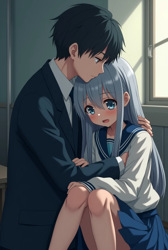 A 17 year old anime girl with long gray hair and blue eyes in a school uniform is sitting with her head on her knees and crying. A 2 boy is hugging her gently from behind. He has black hair, brown eyes, and is wearing a formal suit. 