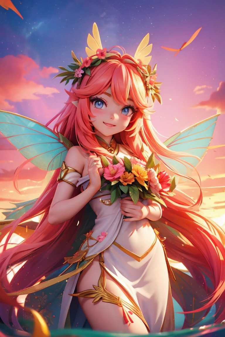 an animated character. a cute face girl, colorful eyes, pastel color, colourful bright long hair, gorgeous flower crown, gorgeous decorated, gorgeous fairy wings, haft body, mythology , Asian style, flowers vines, fantsy sky, shining star, Happy face feeling, fantasy town background, sunset mood and tone.