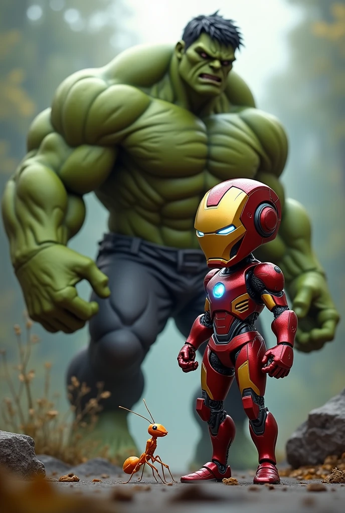 An ant with ironman suit  with hulk