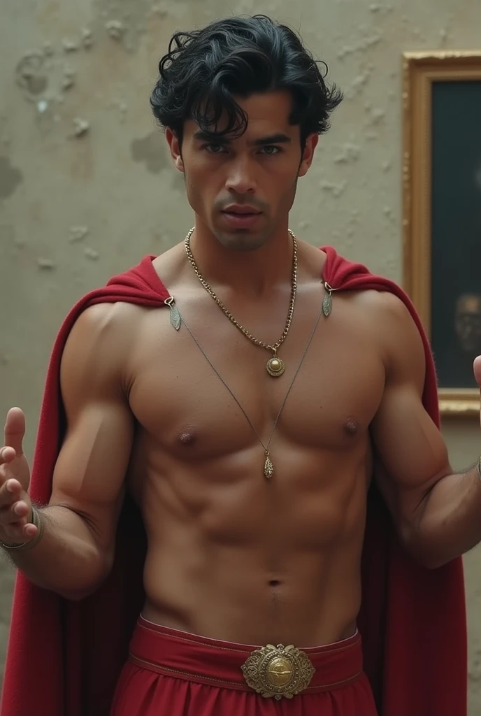 Caim e Abel 1 man full body fully shaven black hair blue eyes huge muscular 23 big thick penis large testicles greeting the viewer superman costume age 45 morning