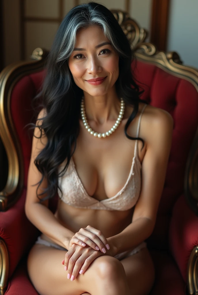 High quality, 4K, fully naked Japanese mature woman sitting on antique luxury chair, 5, beautiful legs, red high heels, black hair with a little bit of gray, lightly wavy long hair, wrinkles at the corners of the eyes, nasolabial folds, large bust, pearl necklace, looking at the camera,