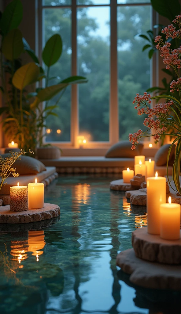 Candles Peaceful atmosphere Light Natural water flower Night atmosphere, Relaxing atmosphere Beautiful atmosphere Softly lit Spa-like Inside the room Fantasy