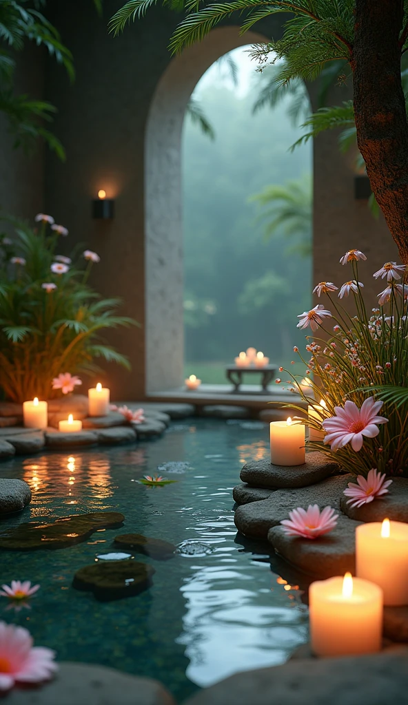 Candles Peaceful atmosphere Light Natural water flower Night atmosphere, Relaxing atmosphere Beautiful atmosphere Softly lit Spa-like Inside the room Fantasy