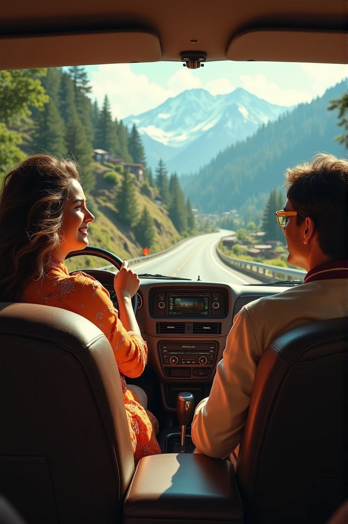 Husbund and wife driving car in manali and inside the car dil sambhal ja jara song playing