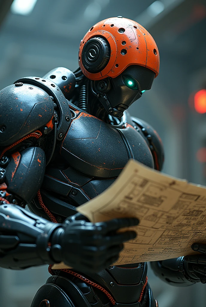 Male robot with big muscles, evil futuristic character wearing brightly colored engineer helmet and reading electrical blueprints