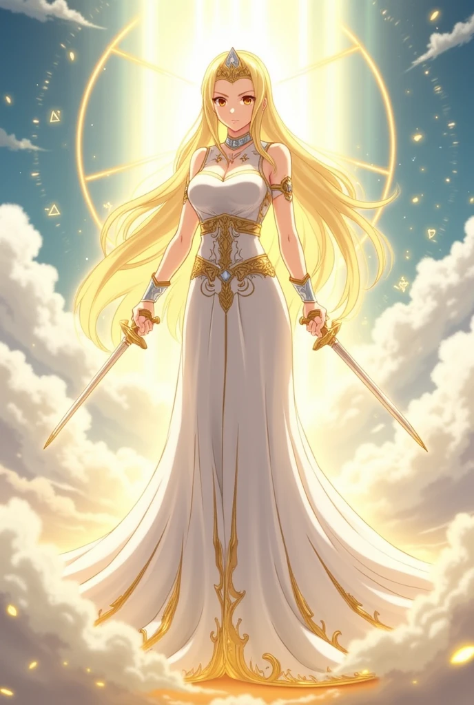 Asuna Yuki as Stacia cover (su avatar de the Goddess of Creation en Sword Art Online: Alicization), would follow an approach that highlights his divine and majestic image. The focus should be on Asuna's portrayal as Stacia, the Goddess of Creation. This involves highlighting its divine characteristics., her elegant clothing, and his imposing presence Using an anime-like art style, with details and bright colors, maintaining an epic fantasy approach. The elements of light, Auras and glowing effects can add a mystical touch.Asuna must be the center of attention, in a powerful and elegant posture. He can stand with his sword raised or in a summoning stance., as if she was using her goddess powers.Must appear in your Stacia outfit, which includes a long white tunic, adorned with gold and silver details, and a crown or tiara. These elements reinforce their divine role..
facial expression: Show her with a calm but determined expression, transmitting power and wisdom.
Setting: The background could represent an ethereal or celestial landscape., with shades of gold, white and light blue, suggesting a heavenly realm or divine environment. You can add elements like soft clouds, rays of light radiating from it, or magical symbols floating around them.
Additional Elements: Small shiny particles floating in the air or magical runes that highlight your connection to creation.